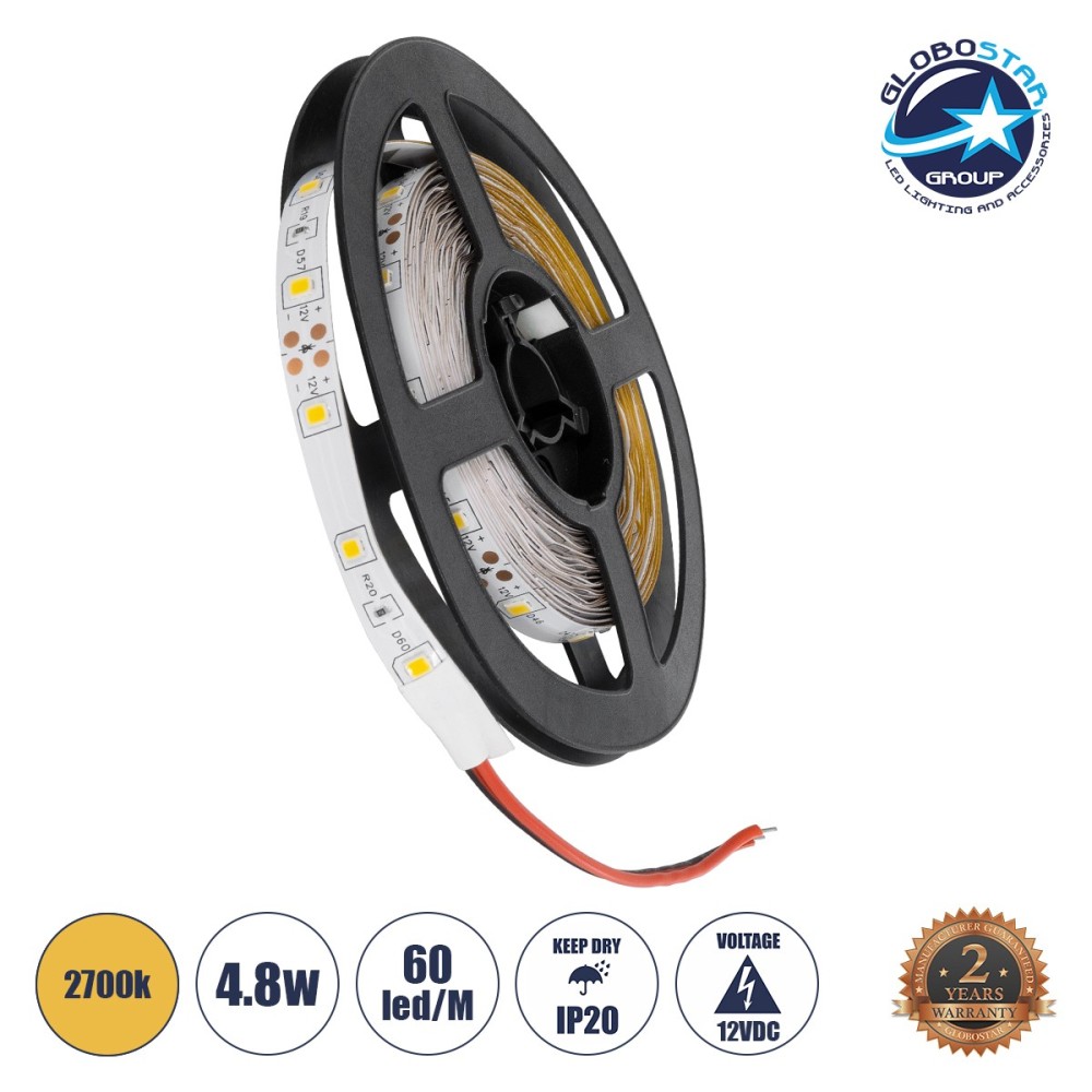 GLOBOSTAR® AVILA 90592 Ταινία LED 4.8W-m 260lm-m 120° DC 12V IP20 60 x SMD3528 Chip-m Θερμό Λευκό 2700K Dimmable - Sanan SMD Chip - Μ500 x Π0.7 x Υ0.2cm - Ρολό 5 Μέτρων - 2 Χρόνια Εγγύηση